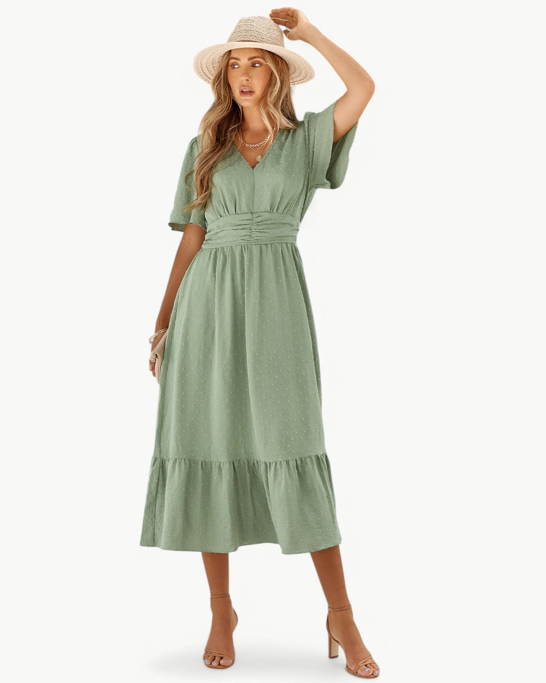 VALE | SAGE™ RENÉE – Calf-Length Dress with V-Neck and Short Sleeves