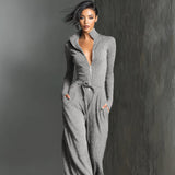 Glitzernder Strick-Jumpsuit mit weitem Bein für Damen | Reißverschluss vorne – Dunkelgrau