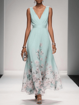 Carolin | Damen Florales Chiffon Sommer Maxikleid – Hellgrün