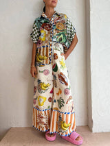 Damen Tropisches Früchteprint Hemd Und Weite Hose Set – Sommer Urlaubsoutfit – Mehrfarbig