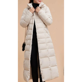 Deborah | Damen Lange Winterjacke mit Kapuze und Reißverschluss – Beige