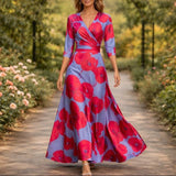 Denise | Damen Blumenkleid V-Ausschnitt – Elegantes Florales Sommerkleid für Hochzeit 2026 – Rot