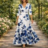 Denise | Damen Blumenkleid V-Ausschnitt – Elegantes Florales Sommerkleid für Hochzeit 2026 – Blau