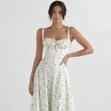 Midi-Kleid mit Blumenmuster für Damen | Korsett mit Seitenschlitz – Weißes Blumenmuster