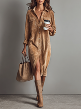 Lässiges Cord-Midikleid mit Brusttaschen – Braun