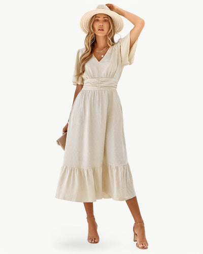 VALE | SAGE™ RENÉE – Calf-Length Dress with V-Neck and Short Sleeves