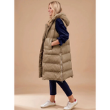 Doreen | Damen Lange Steppweste mit Kapuze – Khaki