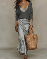 Dorothee | Damen V-Ausschnitt Strick Set Pullover Rock – Grau