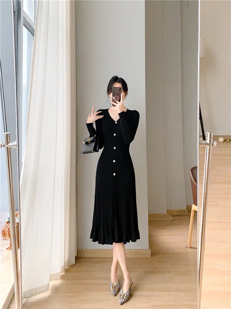 Thaliora® | Elegantes Strickkleid mit Knopfleiste