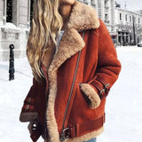 Hannah | Drune Damen Winterjacke Wildleder Lammfell Bikerjacke mit Schnallen – Orange