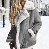 Hannah | Drune Damen Winterjacke Wildleder Lammfell Bikerjacke mit Schnallen – Grau