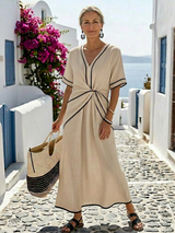 Elegantes Midikleid mit V-Ausschnitt und geraffter Taille für Damen – Kurzarm, elegant und lässig – Beige
