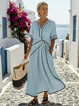 Elegantes Midikleid mit V-Ausschnitt und geraffter Taille für Damen – Kurzarm, elegant und lässig – Himmelblau