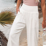 Damenhose aus Leinenmischung mit Smokarbeit und Taschen – Weiß