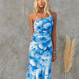 Damen-Maxikleid mit einem Träger und Blumenmuster – Blau
