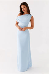 Damen Einfarbiges Maxikleid Mit Asymmetrischem Ausschnitt – Abendkleid – Blau