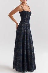 Damen Spaghettiträger Chiffon Blumenkleid Für Formelle Anlässe – Elegantes Maxikleid – Schwarz