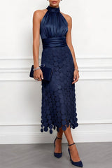 Céline | Damen Halter Midi Kleid – Marineblau