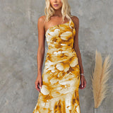 Damen-Maxikleid mit einem Träger und Blumenmuster – Gelb