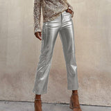 Gerade Damenhose aus metallischem Kunstleder – Silber