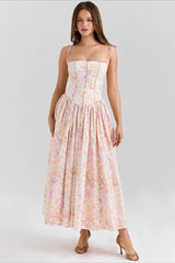 Damen Elegantes Gestuftes A-Linien Ärmelloses Blumenkleid – Sommerkleid – Rosa
