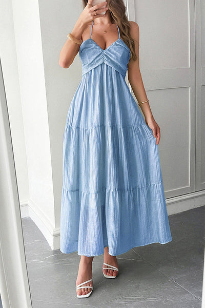 Lara® | Maxikleid mit Unifarbenem Halfter Hals und Bindung im lässigen Urlaubsstil