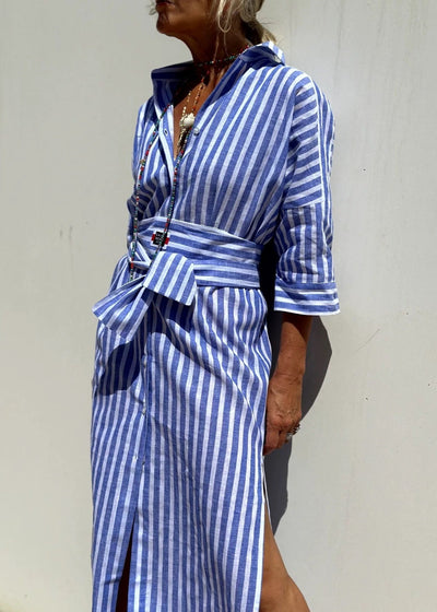 Lara® | Sommerrotes gestreiftes halbärmeliges langes Hemdkleid