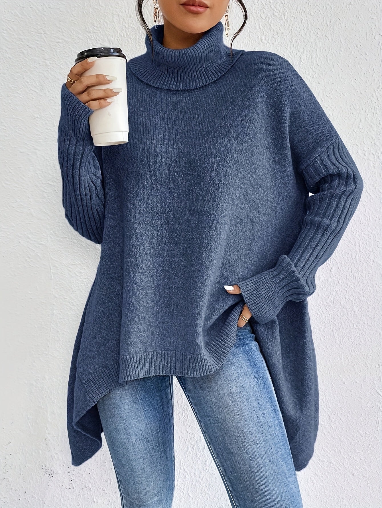 Lässiger Longpullover Damen mit Asymmetrischem Saum und Rollkragen aus Baumwolle für Damen | Ideal für den Winter
