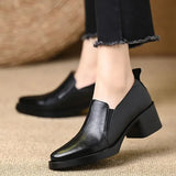 Damen Spitze Leder Loafer Mit Blockabsatz – Freizeit Schuhe – Schwarz