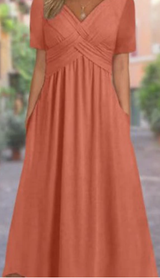 Damen Kurzarm V-Ausschnitt Maxikleid – Orange