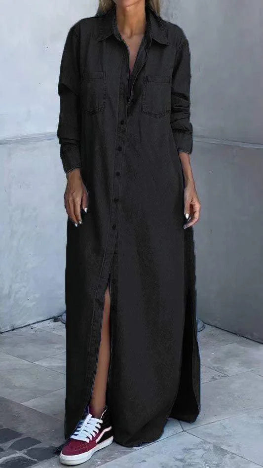 Vallina – Langärmliges Kleid aus Denim Mit Reverskragen