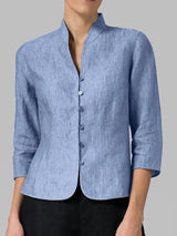 Editha | Damen Stehkragenbluse 3/4-Arm Slim Fit – Blau