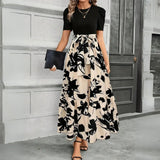 Damen-Maxikleid mit Blumenmuster und Schleifengürtel – Floral Beige Noir