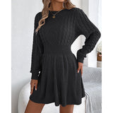 Edwara | Damen Strickkleid Langarm Zopfmuster Mini – Schwarz