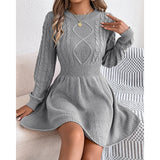 Edwara | Damen Strickkleid Langarm Zopfmuster Mini – Grau