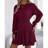 Edwara | Damen Strickkleid Langarm Zopfmuster Mini – Weinrot