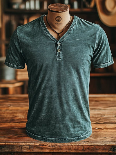 Klassisches Retro-T-Shirt für Herren mit Knopfleiste und V-Ausschnitt, 100 % Baumwolle, kurze Ärmel