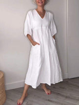 Eva | Damen Lässiges Midikleid V-Ausschnitt Taschen – Casual Sommerkleid Alltag 2026 – Weiß