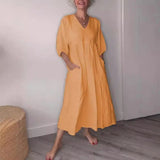 Eva | Damen Lässiges Midikleid V-Ausschnitt Taschen – Casual Sommerkleid Alltag 2026 – Orange