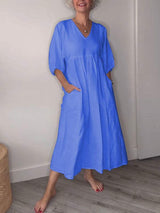 Eva | Damen Lässiges Midikleid V-Ausschnitt Taschen – Casual Sommerkleid Alltag 2026 – Blau
