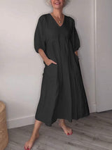 Eva | Damen Lässiges Midikleid V-Ausschnitt Taschen – Casual Sommerkleid Alltag 2026 – Schwarz