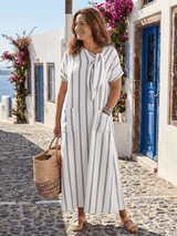 Elaris | Damen Gestreiftes Midikleid Bindeausschnitt – Streifen Sommerkleid Midi 2026 – Weiß