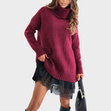 Elbrun | Damen Strickkleid Oversize Rollkragen – Dunkelrot