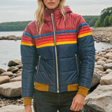 Eldora | Damen Steppjacke Retro Streifen Winterjacke mit Kapuze – Marineblau
