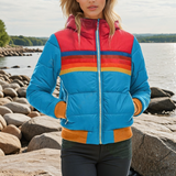 Eldora | Damen Steppjacke Retro Streifen Winterjacke mit Kapuze – Blau