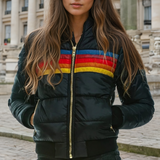 Eldora | Damen Steppjacke Retro Streifen Winterjacke mit Kapuze – Schwarz