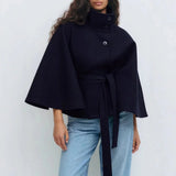 Eleganter Cape-Mantel mit Gürtel – Schwarz