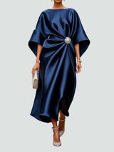 Johanna | Elegantes Abendkleid mit Brosche Langarm – Marine