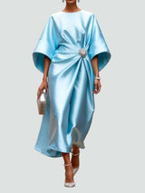 Johanna | Elegantes Abendkleid mit Brosche Langarm – Türkis