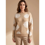 Eleonore | Damen Beige Strickpullover mit Blumen Design und Bündchen – Beige